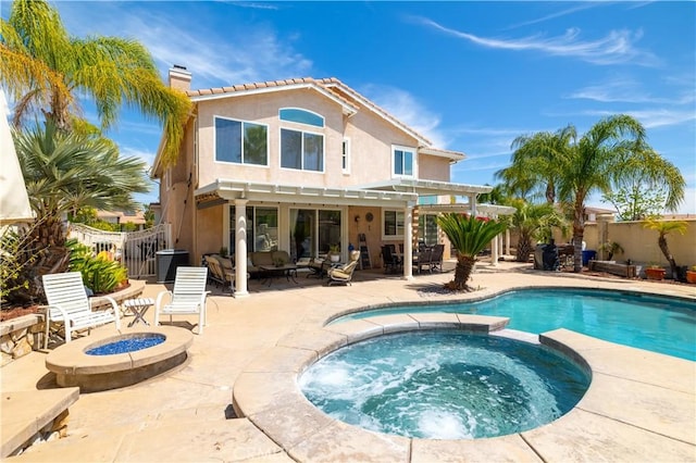 back of property featuring a fenced backyard, central air condition unit, a chimney, a patio, and stucco siding