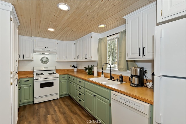 kitchen featuring under cabinet range hood, wooden ceiling, a sink, white appliances, and green cabinets