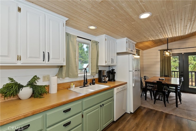 kitchen with a sink, plenty of natural light, white appliances, wood ceiling, and lofted ceiling