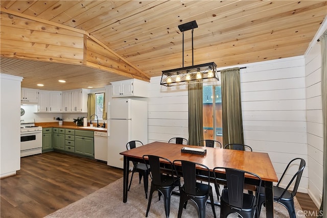 dining space featuring wooden walls, recessed lighting, lofted ceiling, wooden ceiling, and dark wood-type flooring