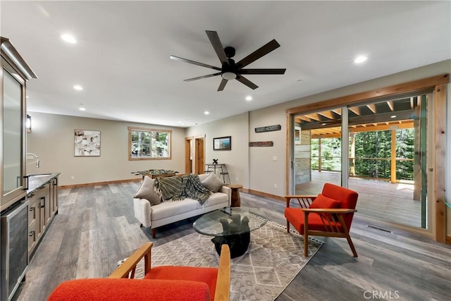 867 Clement St, South Lake Tahoe, CA 96150 - living room with wood finished floors, recessed lighting, and a ceiling fan