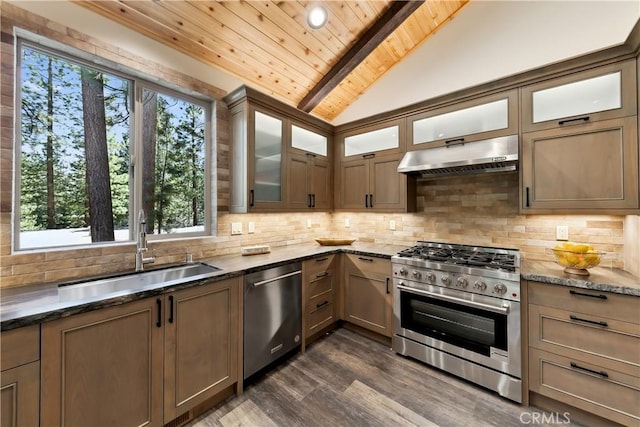 867 Clement St, South Lake Tahoe, CA 96150 - kitchen featuring stainless steel appliances, wood ceiling, under cabinet range hood, decorative backsplash, and dark stone countertops