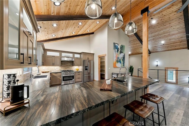 867 Clement St, South Lake Tahoe, CA 96150 - kitchen with high quality appliances, a peninsula, dark wood finished floors, high vaulted ceiling, and recessed lighting