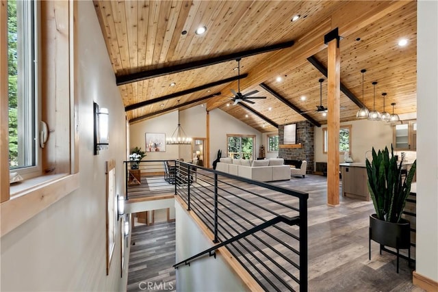 867 Clement St, South Lake Tahoe, CA 96150 - stairs featuring wood ceiling, wood finished floors, recessed lighting, and ceiling fan