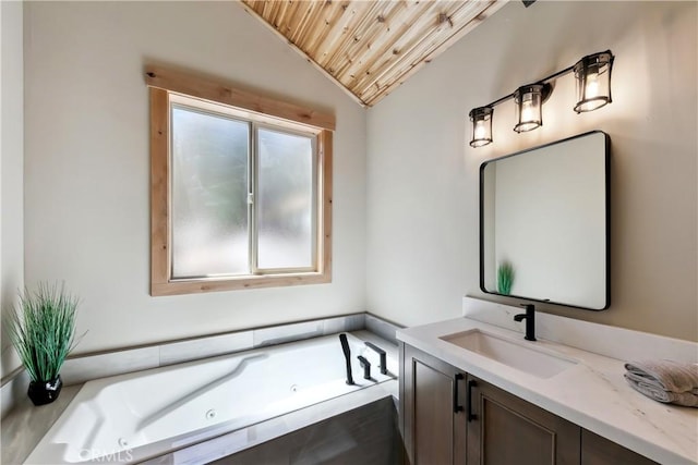867 Clement St, South Lake Tahoe, CA 96150 - full bath with wood ceiling, vanity, a tub with jets, and lofted ceiling