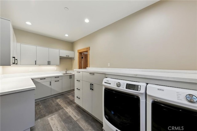 867 Clement St, South Lake Tahoe, CA 96150 - washroom featuring independent washer and dryer, dark wood finished floors, recessed lighting, and cabinet space
