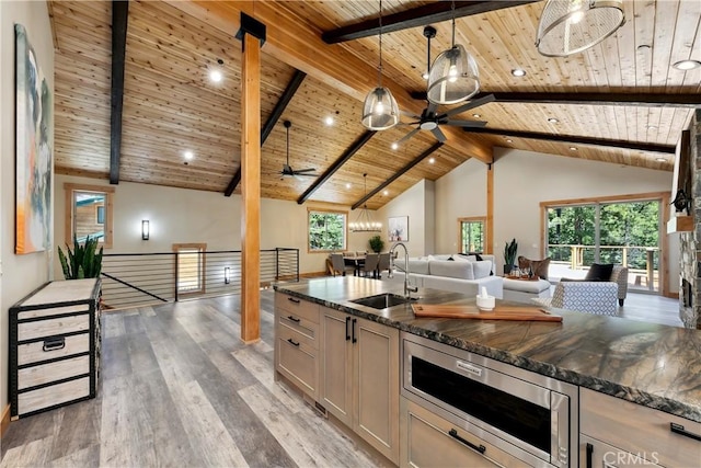 867 Clement St, South Lake Tahoe, CA 96150 - kitchen featuring wood ceiling, open floor plan, stainless steel microwave, a ceiling fan, and light wood-style flooring