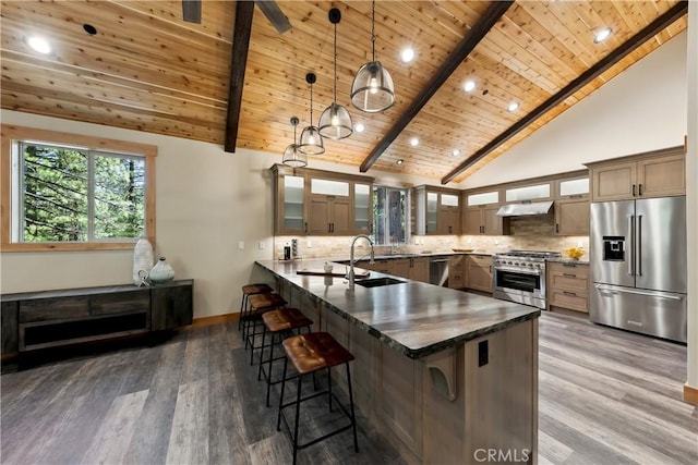 867 Clement St, South Lake Tahoe, CA 96150 - kitchen with high end appliances, a peninsula, dark countertops, a wood ceiling with exposed beams, and a breakfast bar area