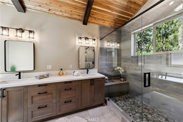 867 Clement St, South Lake Tahoe, CA 96150 - full bath featuring wooden ceiling, double vanity, a shower stall, and tile patterned flooring