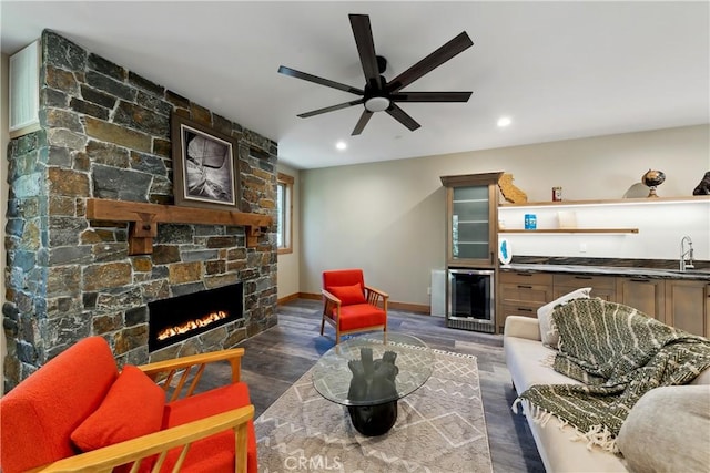 867 Clement St, South Lake Tahoe, CA 96150 - living area featuring a ceiling fan, a fireplace, bar with sink, wine cooler, and recessed lighting