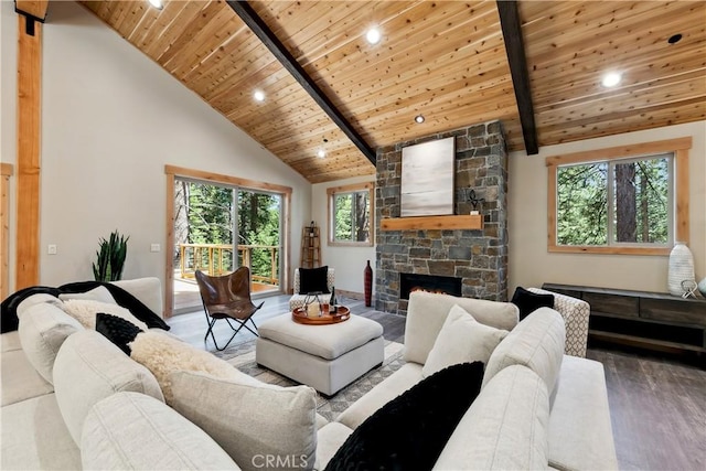 867 Clement St, South Lake Tahoe, CA 96150 - living area with a wood ceiling with exposed beams, wood finished floors, recessed lighting, a fireplace, and high vaulted ceiling