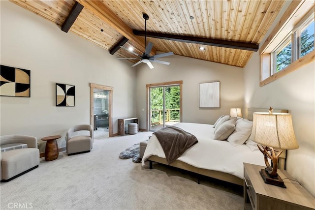 867 Clement St, South Lake Tahoe, CA 96150 - bedroom featuring a wood ceiling with exposed beams, carpet flooring, and high vaulted ceiling