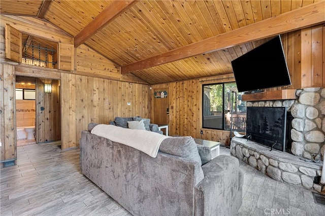 living area with wood ceiling, wood walls, vaulted ceiling with beams, and light wood-type flooring
