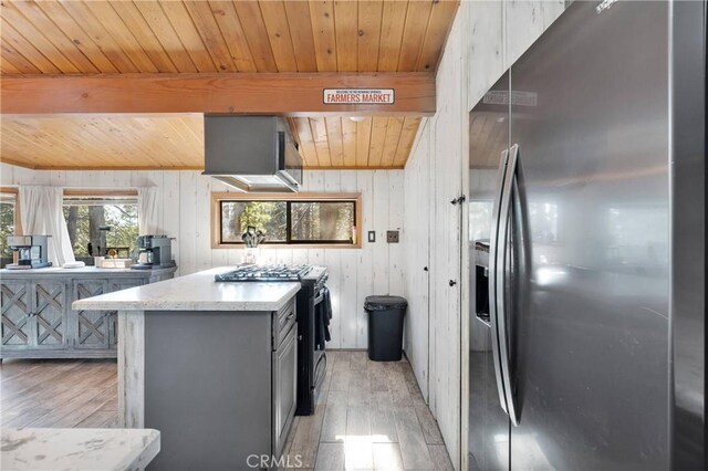 kitchen featuring wood ceiling, stainless steel appliances, wooden walls, and light wood-type flooring