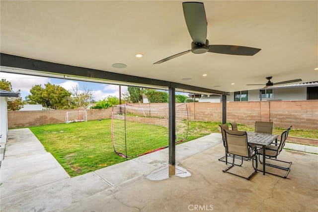 12643 Gladstone Ave, Sylmar, CA 91342 - view of patio / terrace featuring ceiling fan, a fenced backyard, and outdoor dining area