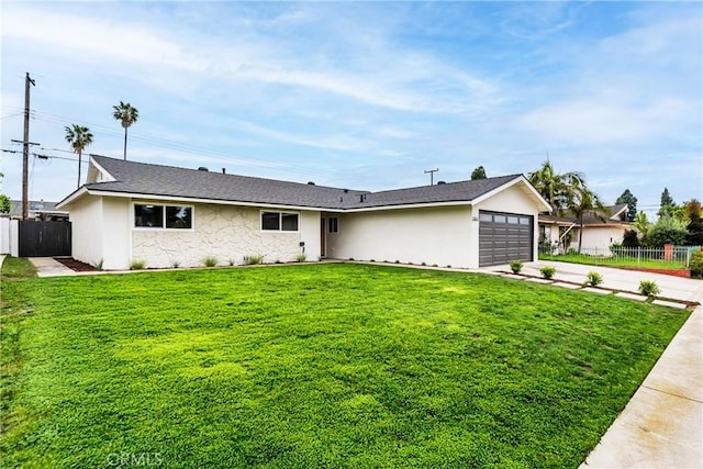 single story home with fence, stone siding, a garage, a front yard, and driveway
