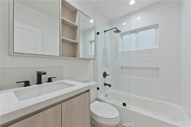 full bathroom featuring shower / bathing tub combination, vanity, recessed lighting, and toilet