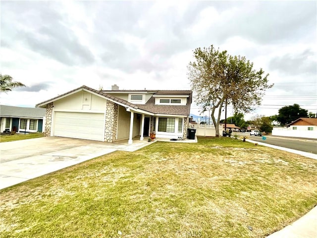 1078 W King St, Banning, CA 92220 - traditional-style home with a front lawn, driveway, stone siding, a chimney, and an attached garage