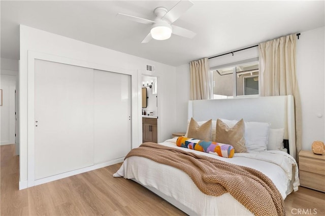 2343 E Athens Ave, Orange, CA 92867 - bedroom with connected bathroom, ceiling fan, wood finished floors, visible vents, and a closet