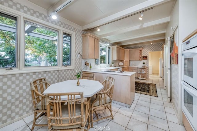 5646 E Park Circle Dr, Fresno, CA 93727 - kitchen featuring wallpapered walls, rail lighting, light brown cabinetry, a peninsula, and light countertops