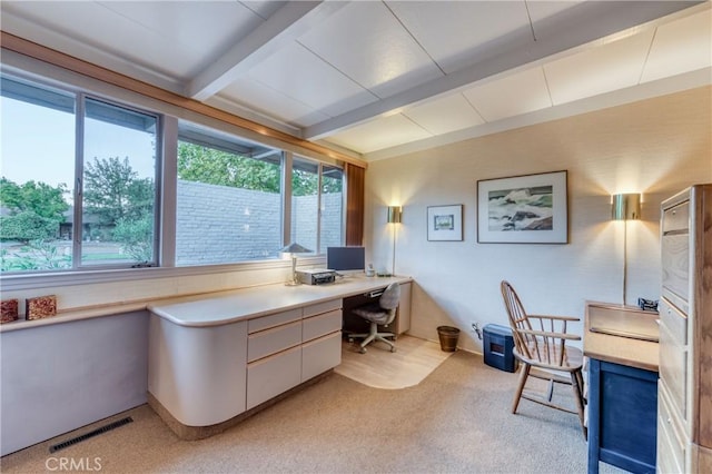5646 E Park Circle Dr, Fresno, CA 93727 - home office featuring beamed ceiling, built in desk, and light carpet