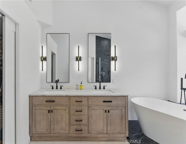 3381 Deaver Dr, Corona, CA 92882 - full bathroom with a freestanding tub, a sink, a shower, and double vanity