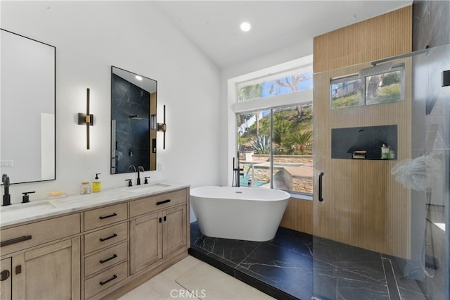 3381 Deaver Dr, Corona, CA 92882 - full bathroom with double vanity, a soaking tub, a stall shower, and a sink