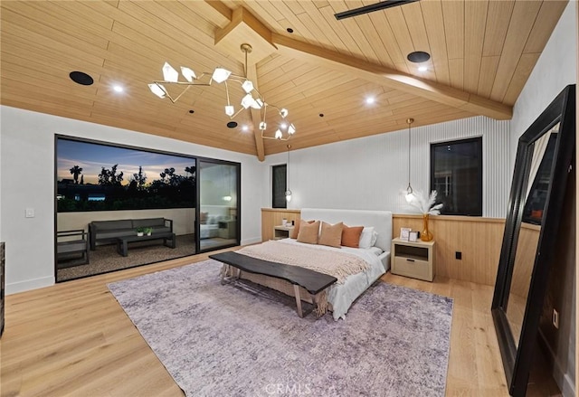 bedroom with lofted ceiling with beams, wooden ceiling, wood finished floors, and an inviting chandelier