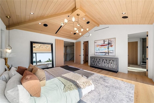 bedroom featuring lofted ceiling with beams, wooden ceiling, wood finished floors, and a chandelier