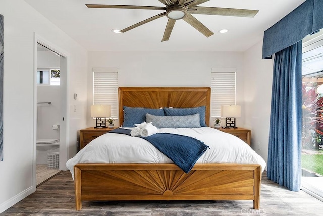 bedroom with a ceiling fan, recessed lighting, access to exterior, and wood finished floors