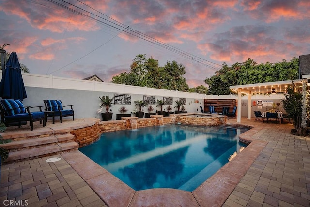 view of swimming pool with a pergola, an in ground hot tub, a fenced in pool, and a fenced backyard