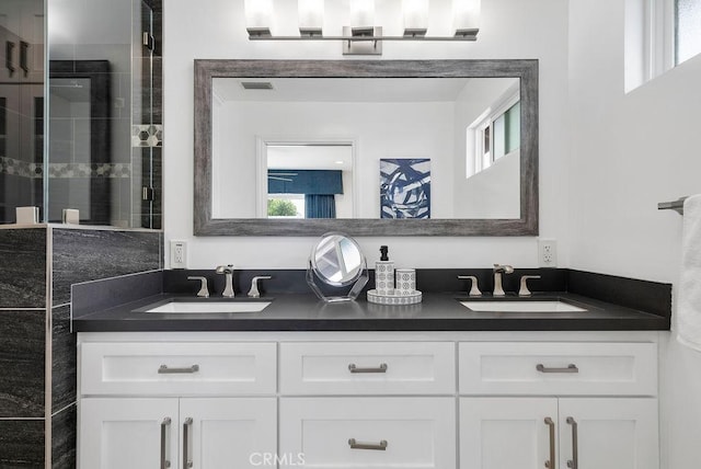full bathroom with a sink, double vanity, and a wealth of natural light