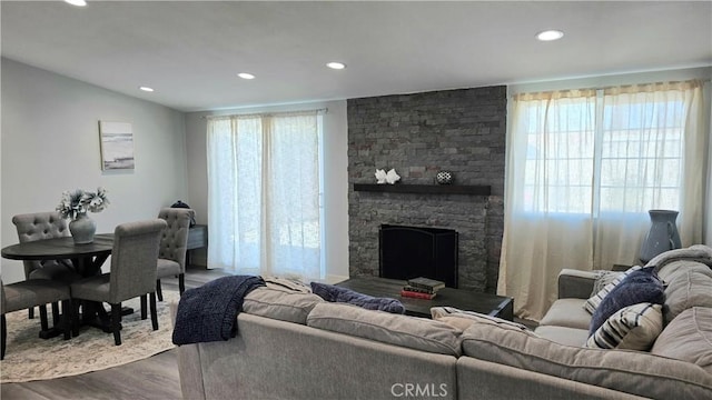 2108 Raleigh Ave, Costa Mesa, CA 92627 - living area featuring dark wood-type flooring, recessed lighting, and a fireplace