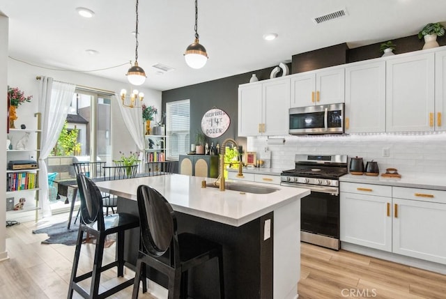 kitchen featuring a sink, white cabinetry, decorative backsplash, light countertops, and appliances with stainless steel finishes