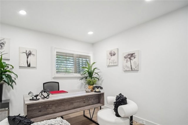 home office with wood finished floors and recessed lighting