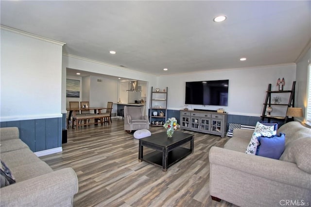 8037 Cactus Cir, Buena Park, CA 90620 - living room featuring ornamental molding, wood finished floors, recessed lighting, and a wainscoted wall