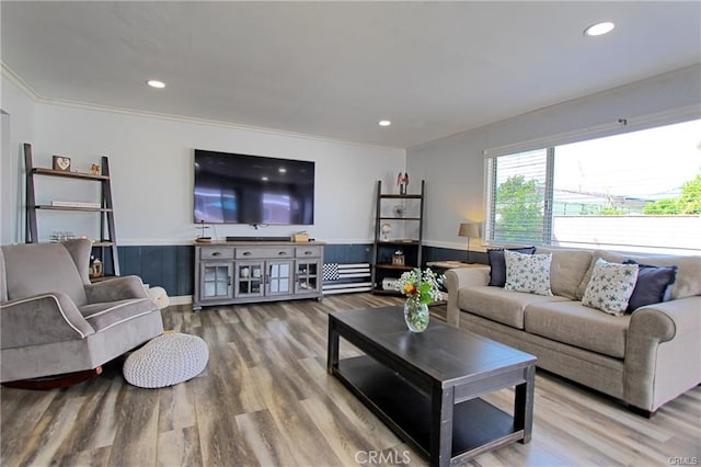 8037 Cactus Cir, Buena Park, CA 90620 - living room with wood finished floors, a wainscoted wall, ornamental molding, and recessed lighting