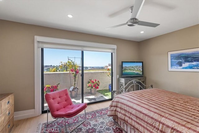 bedroom with a ceiling fan, light wood-style flooring, baseboards, access to outside, and recessed lighting
