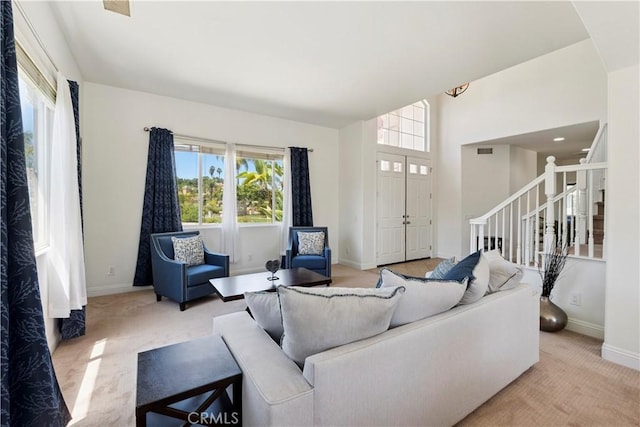 1732 Gamble Ln, Escondido, CA 92029 - living area featuring stairway and light colored carpet