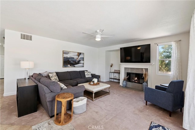 1732 Gamble Ln, Escondido, CA 92029 - living room featuring ceiling fan, a premium fireplace, and light colored carpet