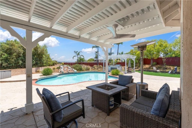 1732 Gamble Ln, Escondido, CA 92029 - view of swimming pool with a pergola, a fenced backyard, a patio, and an outdoor living space with a fire pit