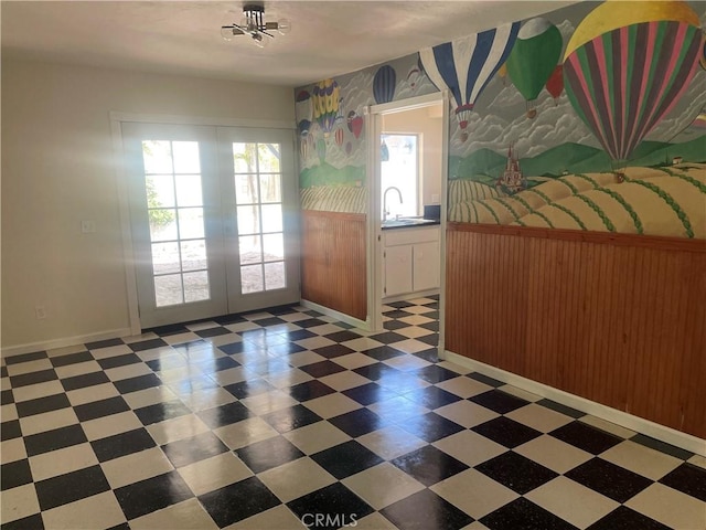 8772 Mignonette St, Rancho Cucamonga, CA 91701 - unfurnished dining area featuring french doors, healthy amount of natural light, tile patterned floors, and wallpapered walls