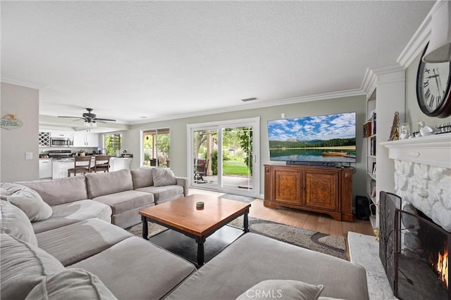 28863 Capano Bay Ct, Menifee, CA 92584 - living room featuring a fireplace, wood finished floors, crown molding, a ceiling fan, and a textured ceiling