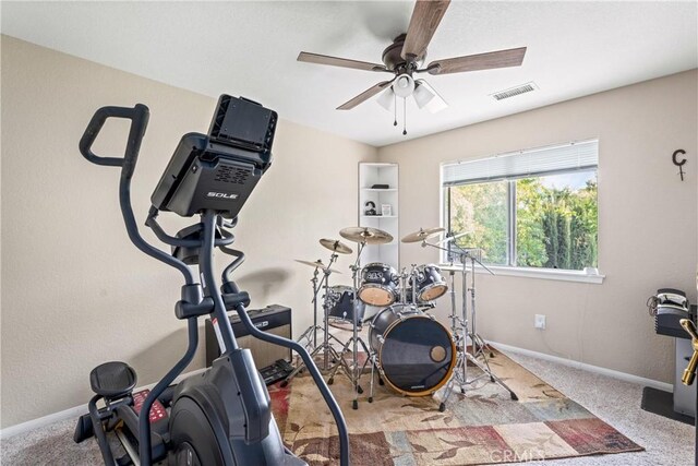 28863 Capano Bay Ct, Menifee, CA 92584 - exercise area featuring ceiling fan, baseboards, and carpet floors