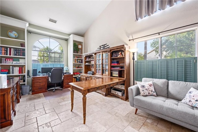 28863 Capano Bay Ct, Menifee, CA 92584 - office area with stone tile floors and a high ceiling