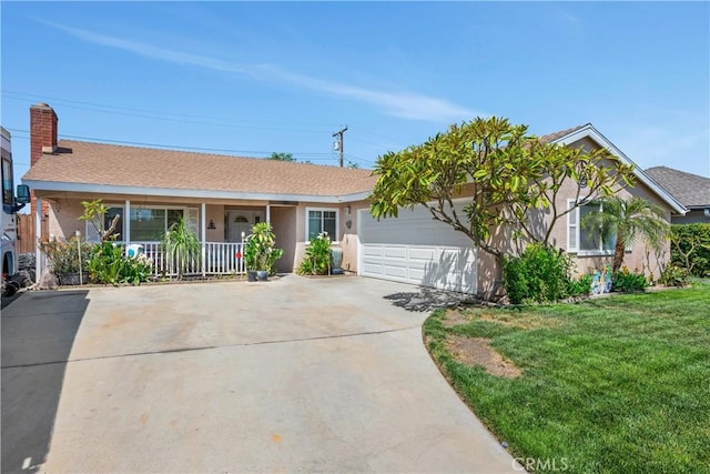 6293 Arch Way, Riverside, CA 92506 - ranch-style house featuring a garage, a front lawn, covered porch, a chimney, and driveway