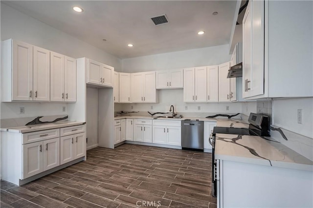 29847 Smugglers Point Dr, Canyon Lake, CA 92587 - kitchen featuring stainless steel dishwasher, range with electric stovetop, dark wood-type flooring, under cabinet range hood, and white cabinetry