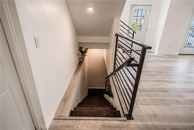 29847 Smugglers Point Dr, Canyon Lake, CA 92587 - staircase with wood finished floors, plenty of natural light, and recessed lighting