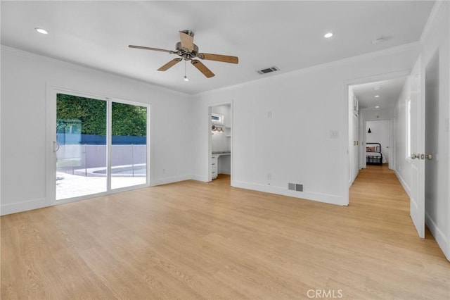 unfurnished bedroom with light wood finished floors, visible vents, recessed lighting, and access to exterior