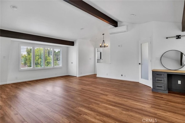 unfurnished living room with wood finished floors, vaulted ceiling with beams, baseboards, a chandelier, and a wall mounted AC